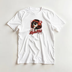 White cotton-blend T-shirt with retro pop-art graphic of a red-haired woman wearing sunglasses, licking a lollipop.