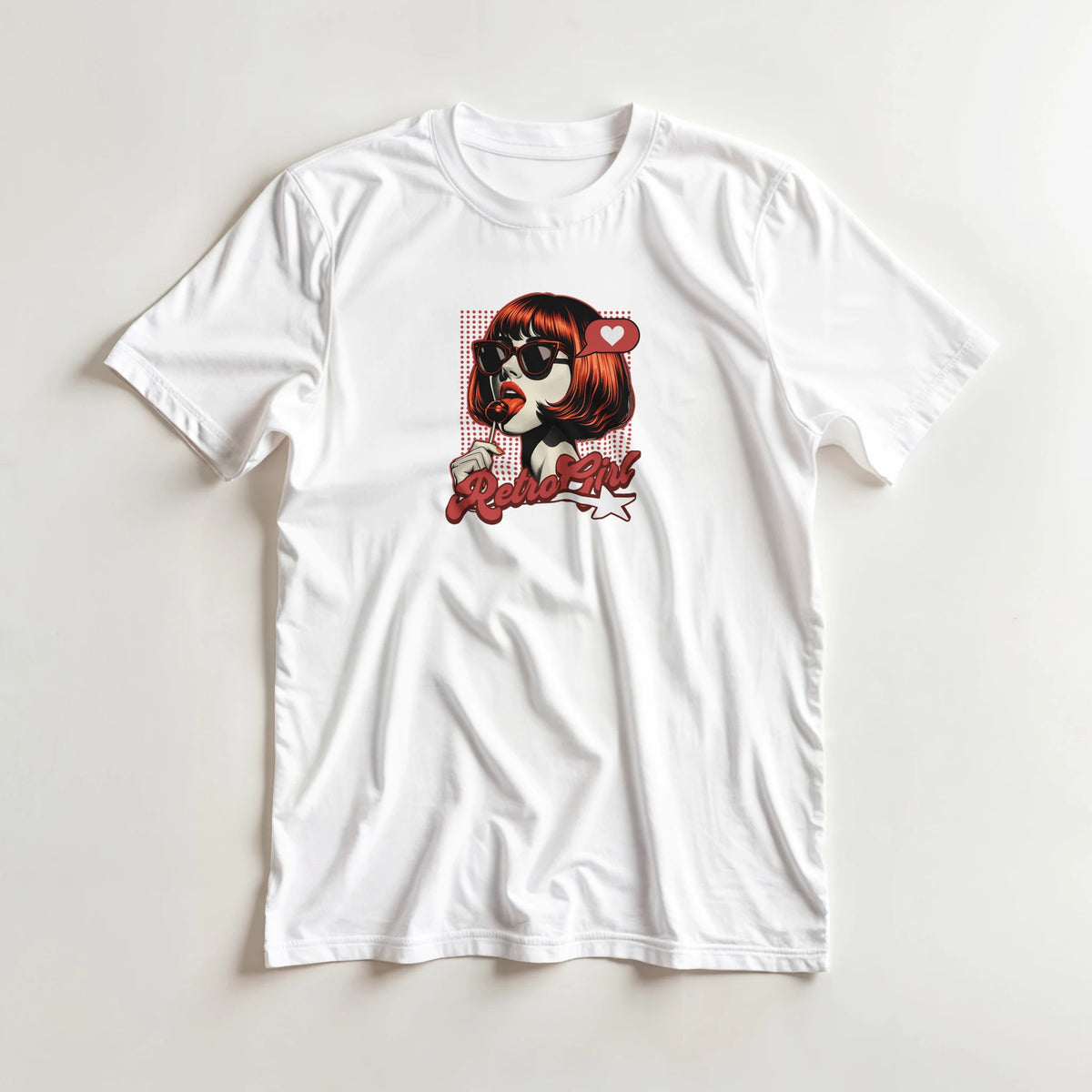 White cotton-blend T-shirt with retro pop-art graphic of a red-haired woman wearing sunglasses, licking a lollipop.