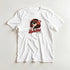 White cotton-blend T-shirt with retro pop-art graphic of a red-haired woman wearing sunglasses, licking a lollipop.