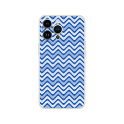 Blue wavy stripe retro geometric iPhone case with frosty transparent design and shock-absorbing TPU protection for models 13-16.