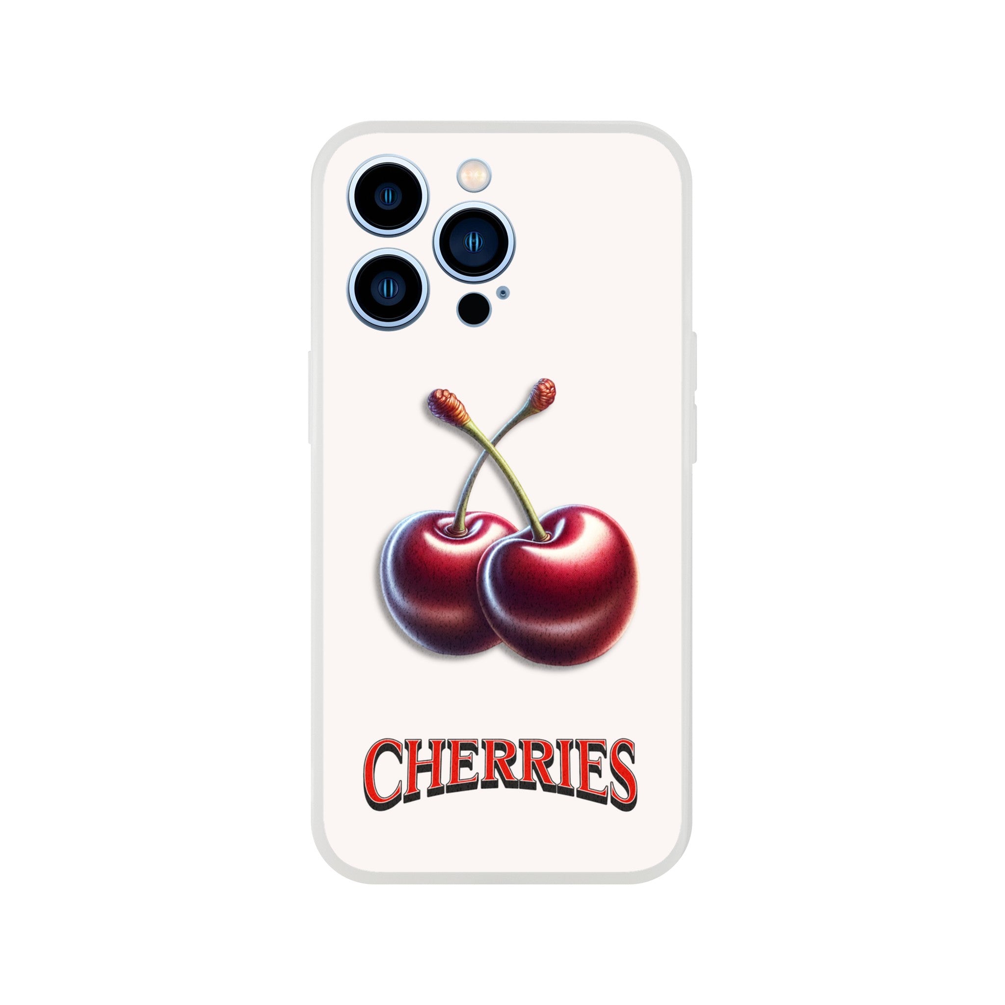 Cherry iPhone case with two cherries and CHERRIES lettering on a cream background; slim protective cover.