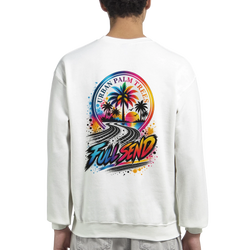 White sweatshirt back with colorful "Full Send" graphic showing tire tracks leading to palm trees at sunset. Modified car culture streetwear.