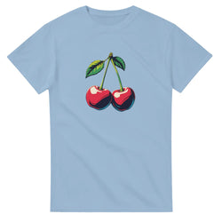Cherries graphic t-shirt for women in light blue with red cherries and green leaves, soft cotton blend.