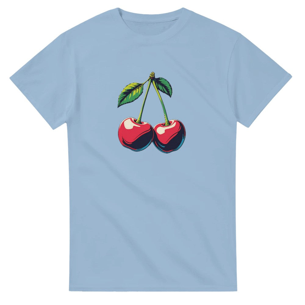 Cherries graphic t-shirt for women in light blue with red cherries and green leaves, soft cotton blend.