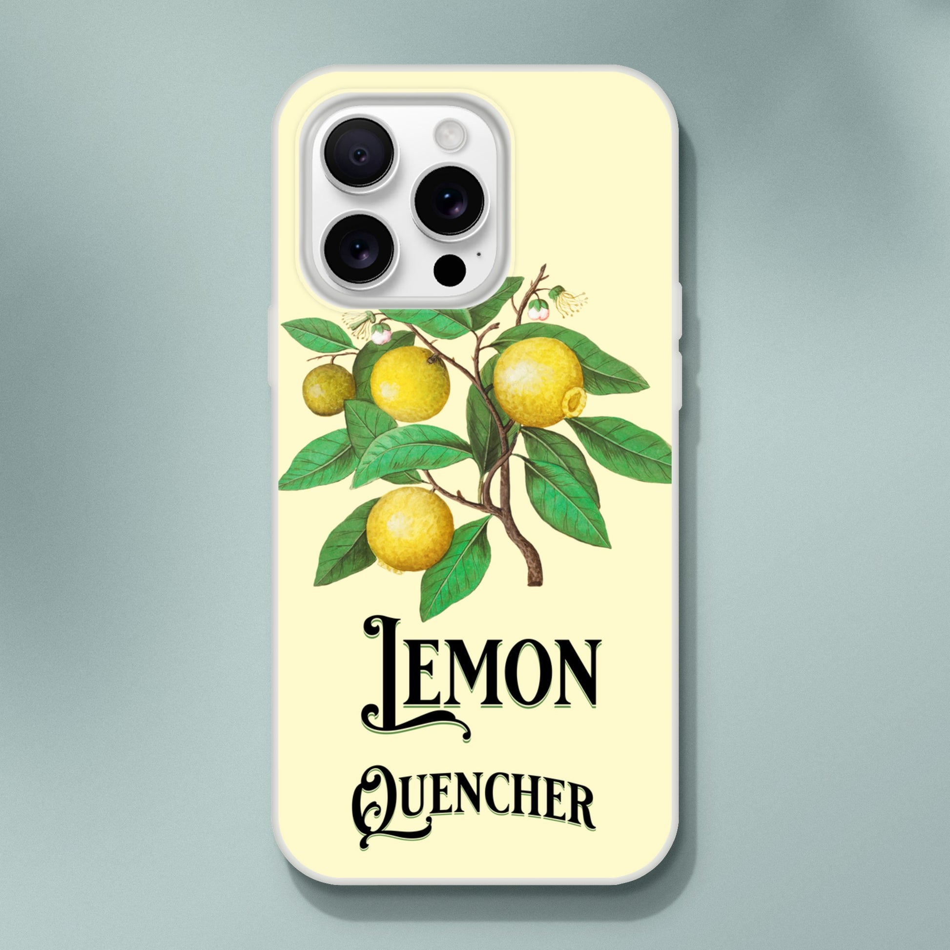 iPhone case with lemon design and 'Lemon Quencher' text on a light yellow background 20