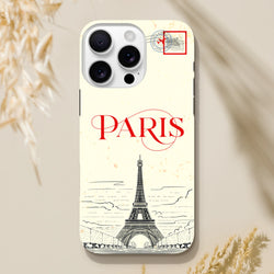 Vintage travel iPhone case featuring Paris Eiffel Tower sketch, red typography, and air mail stamp design for rugged protection.