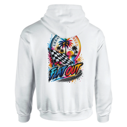 White men's hoodie featuring colorful "Flat Out" graphic with checkered flag, palm trees, and sunset for petrolhead streetwear.