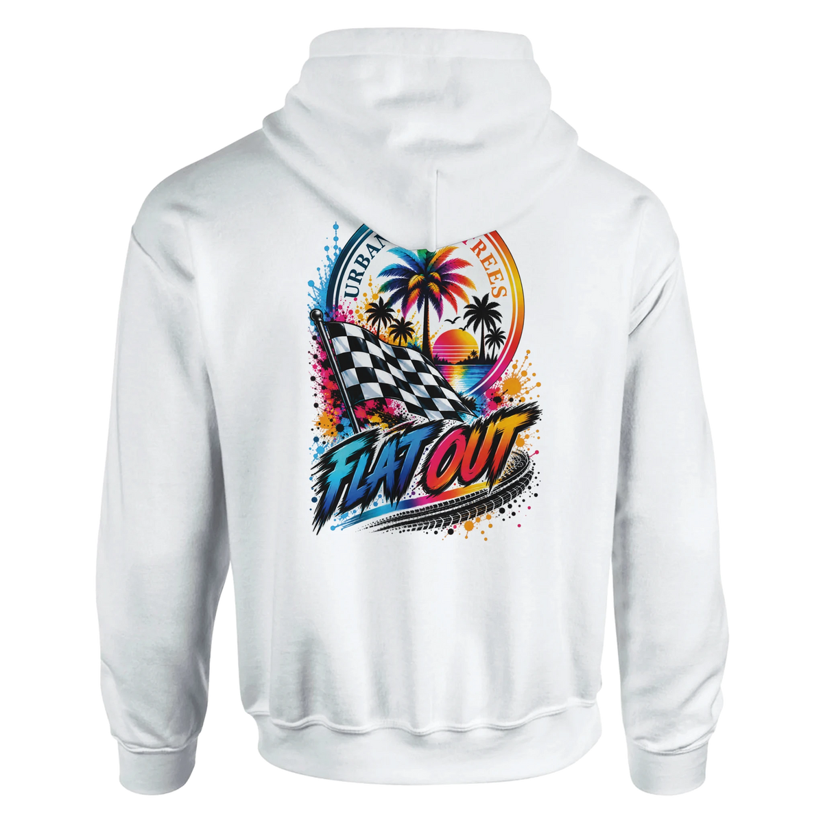 White men's hoodie featuring colorful "Flat Out" graphic with checkered flag, palm trees, and sunset for petrolhead streetwear.