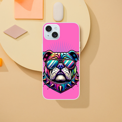 Pink Y2K bulldog iPhone case for 13–16 with retro dog art, slim matte finish, lightweight, shock-absorbing TPU.