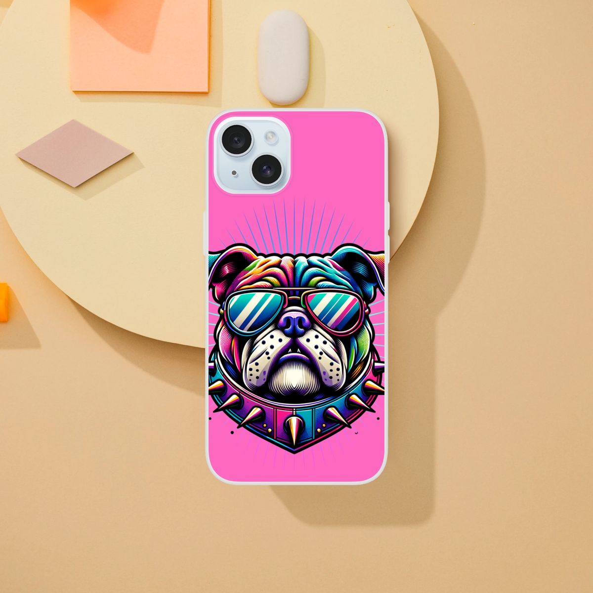 Pink Y2K bulldog iPhone case for 13–16 with retro dog art, slim matte finish, lightweight, shock-absorbing TPU.