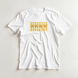 Cute yellow bow gingham T-shirt for women, white tee with yellow gingham rectangle and orange bows on front.