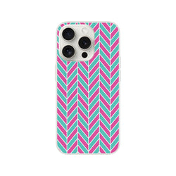 Pink and turquoise herringbone iPhone case featuring a geometric chevron pattern for models 13-16.