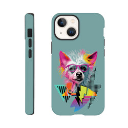 Retro pop art phone case featuring a colorful dog wearing pink glasses with geometric lightning bolts and halftone patterns on teal background.