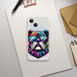 Transparent iPhone case with a vibrant bulldog graphic wearing neon sunglasses and a spiked collar.