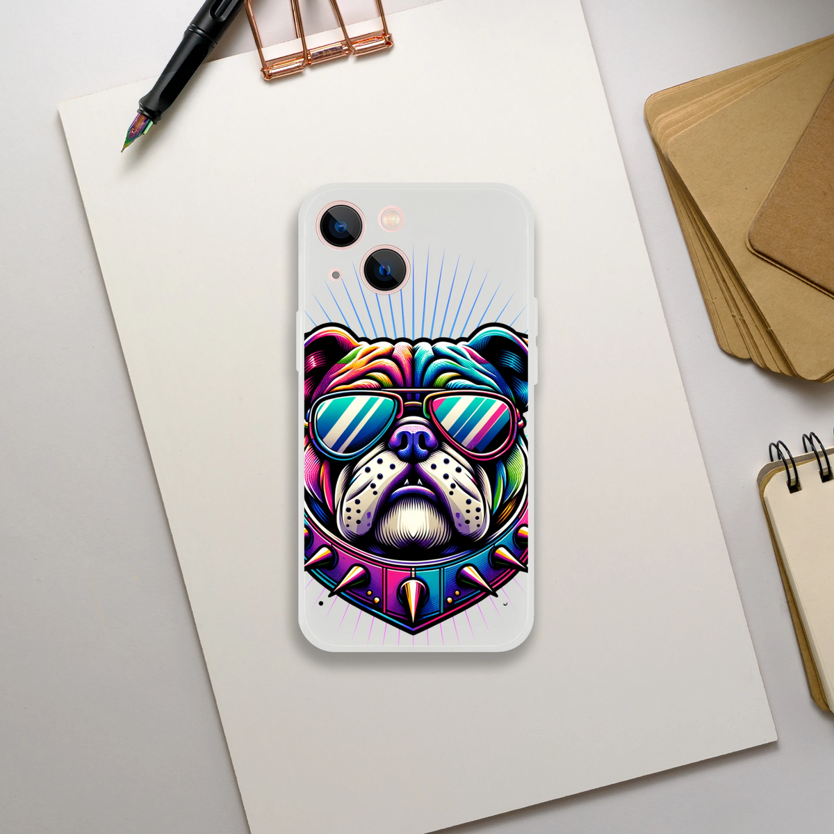 Transparent iPhone case with a vibrant bulldog graphic wearing neon sunglasses and a spiked collar.