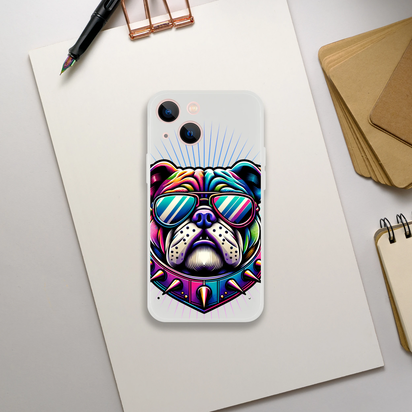 Transparent iPhone case with a vibrant bulldog graphic wearing neon sunglasses and a spiked collar.
