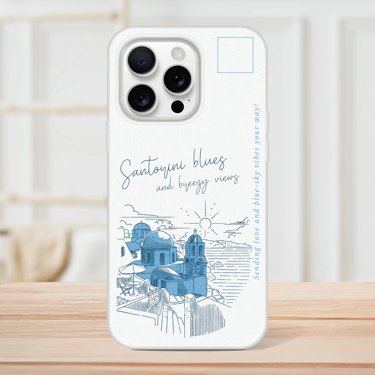 Vintage postcard Santorini iPhone case for iPhone 13–16 with blue Santorini skyline illustration