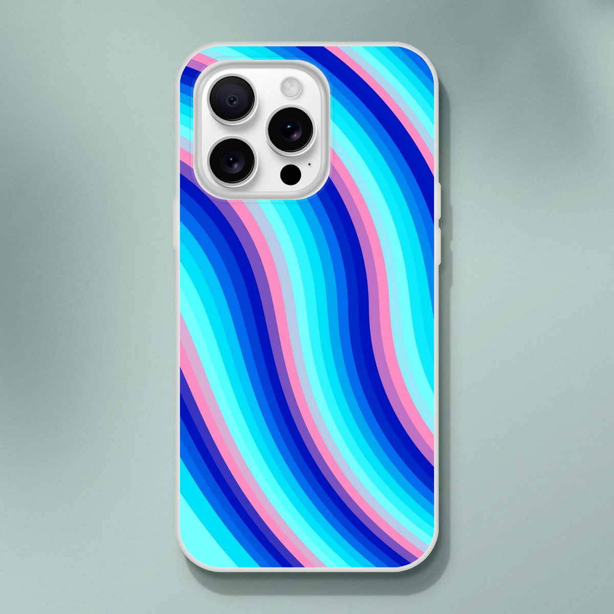 Blue and pink retro wave swirl iPhone case with a matte finish for iPhone 13-16; slim, durable shell.
