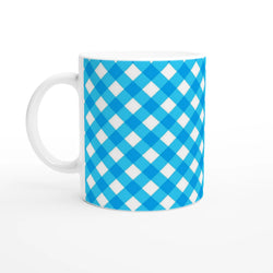Blue Gingham ceramic mug with white handle; charming blue checkered cup for coffee or tea.