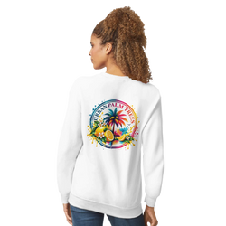 White women's hoodie featuring a retro tropical back print with lemons, palm trees, and colorful paint splatters.