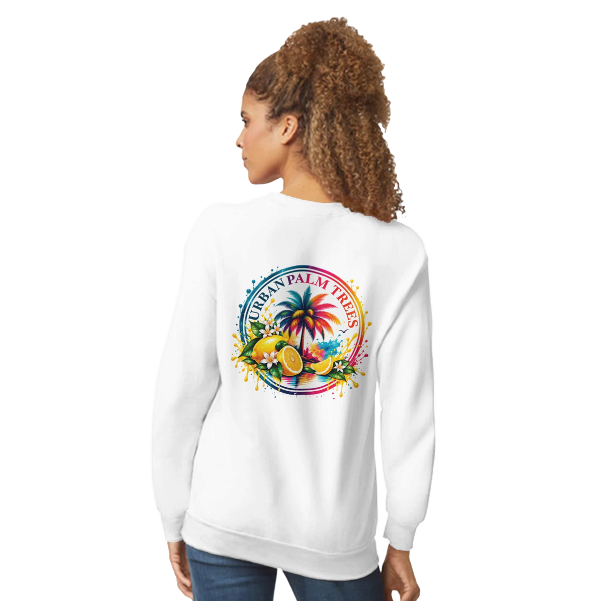 White women's hoodie featuring a retro tropical back print with lemons, palm trees, and colorful paint splatters.
