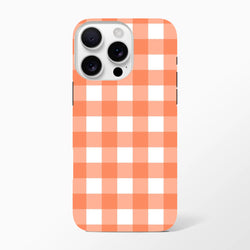 Orange gingham tough iPhone case with retro checkered pattern for models 13-16. Shock-absorbing design for city runners and digital creators.