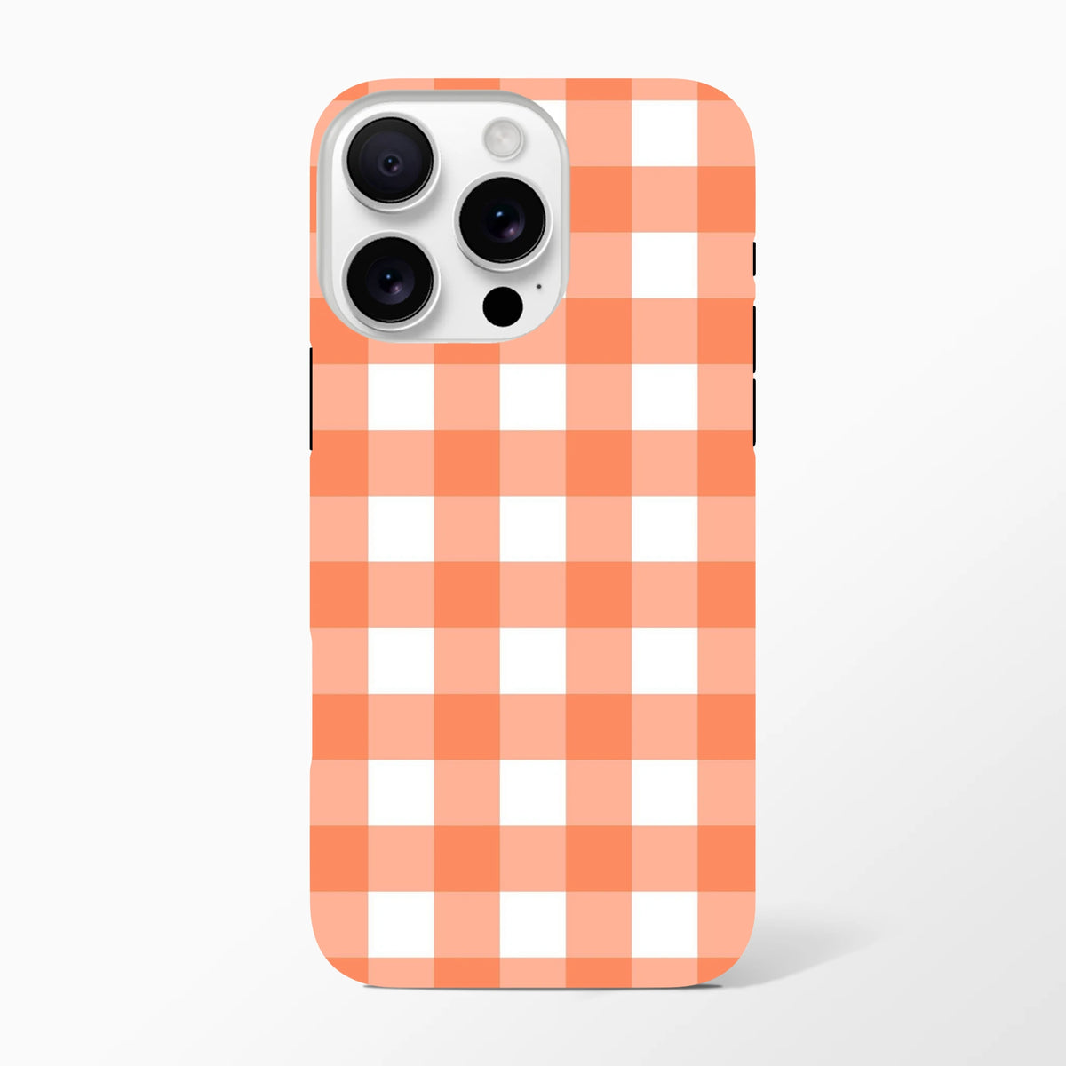 Orange gingham tough iPhone case with retro checkered pattern for models 13-16. Shock-absorbing design for city runners and digital creators.