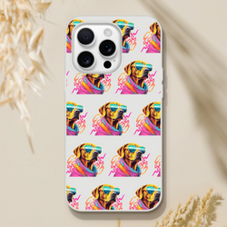 Clear slim iPhone case with a repeating neon dog wearing sunglasses and a colorful scarf.