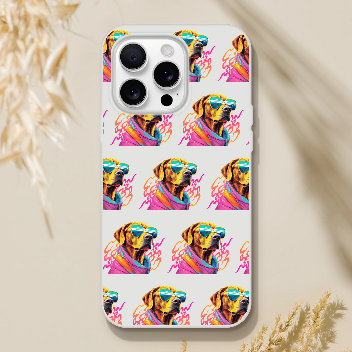 Clear slim iPhone case with a repeating neon dog wearing sunglasses and a colorful scarf.