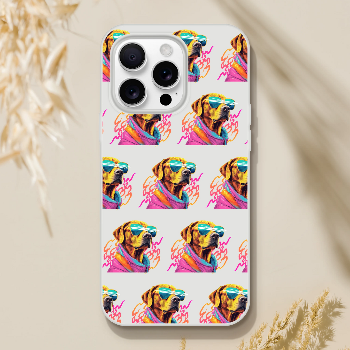 Clear slim iPhone case with a repeating neon dog wearing sunglasses and a colorful scarf.