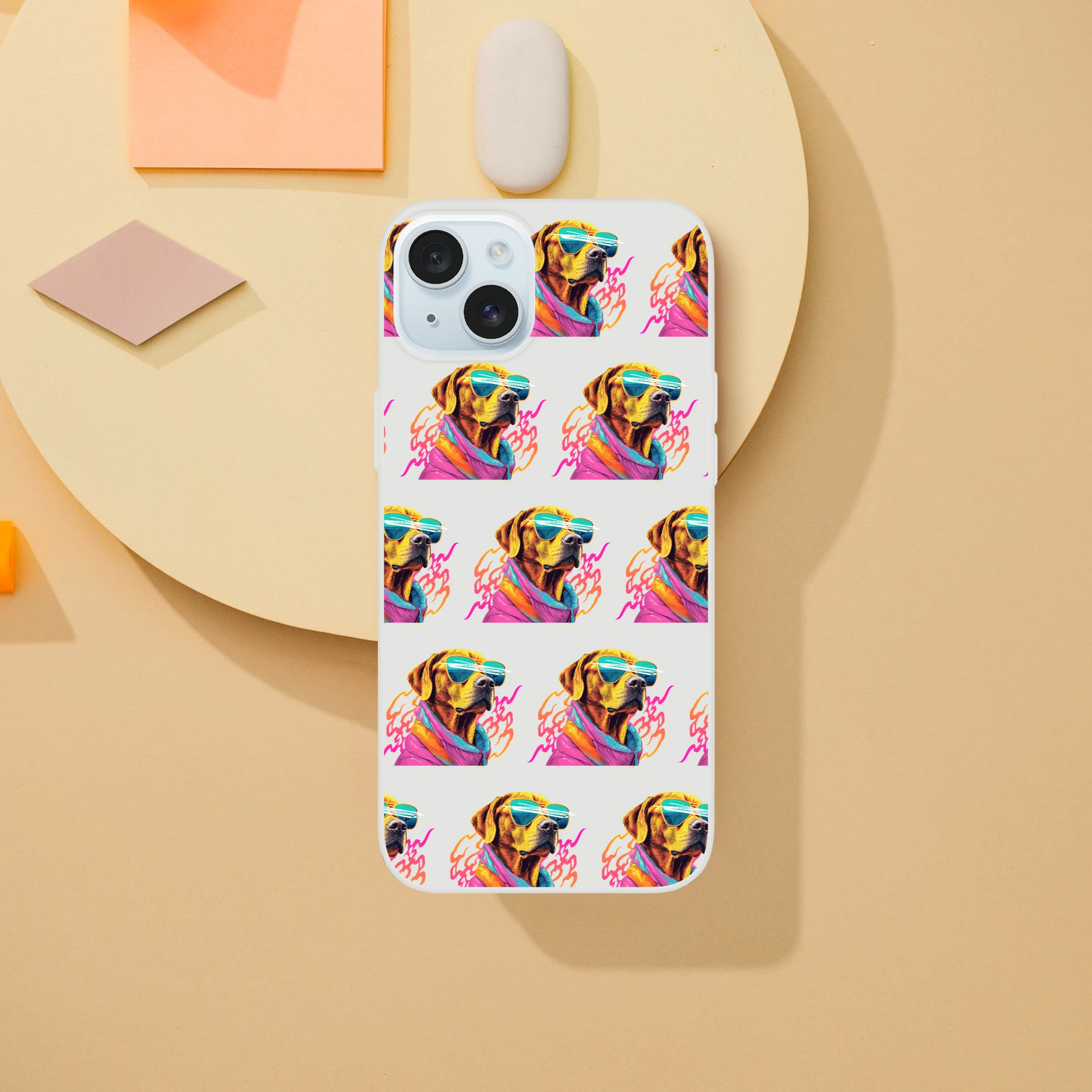 Clear iPhone case for 13-16 with a repeating colorful dog wearing sunglasses pattern.