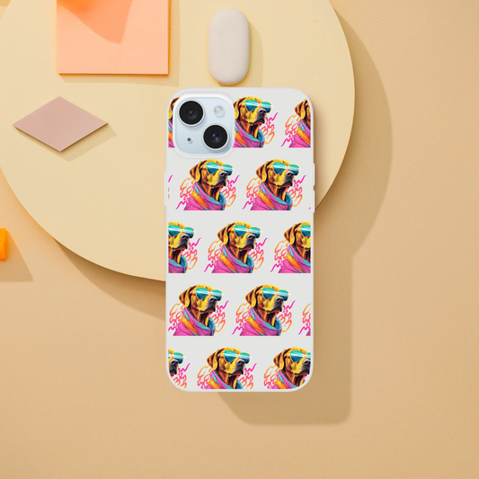 Clear iPhone case for 13-16 with a repeating colorful dog wearing sunglasses pattern.