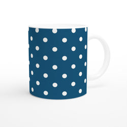 Retro navy blue ceramic mug featuring white polka dots, ideal for coffee, tea, or gifting.
