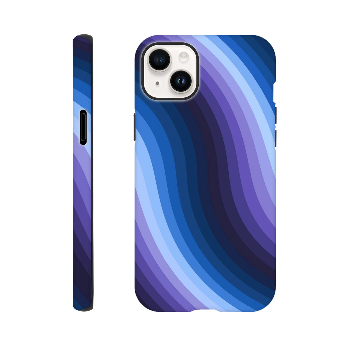 Blue retro wave iPhone case featuring Y2K wavy stripes in purple and blue. Tough protective cover with reinforced rails for iPhone 13-16.