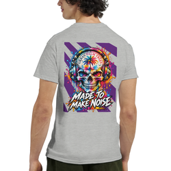 grey tee back print featuring colorful skull with headphones, palm tree, and "Made To Make Noise" graphic text.