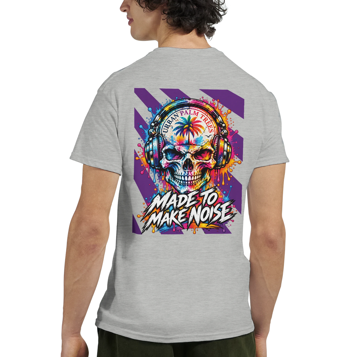 grey tee back print featuring colorful skull with headphones, palm tree, and "Made To Make Noise" graphic text.