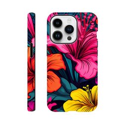 Vibrant tropical hibiscus phone case featuring bold pink, orange, and yellow florals with dark teal leaves on a tough iPhone cover.