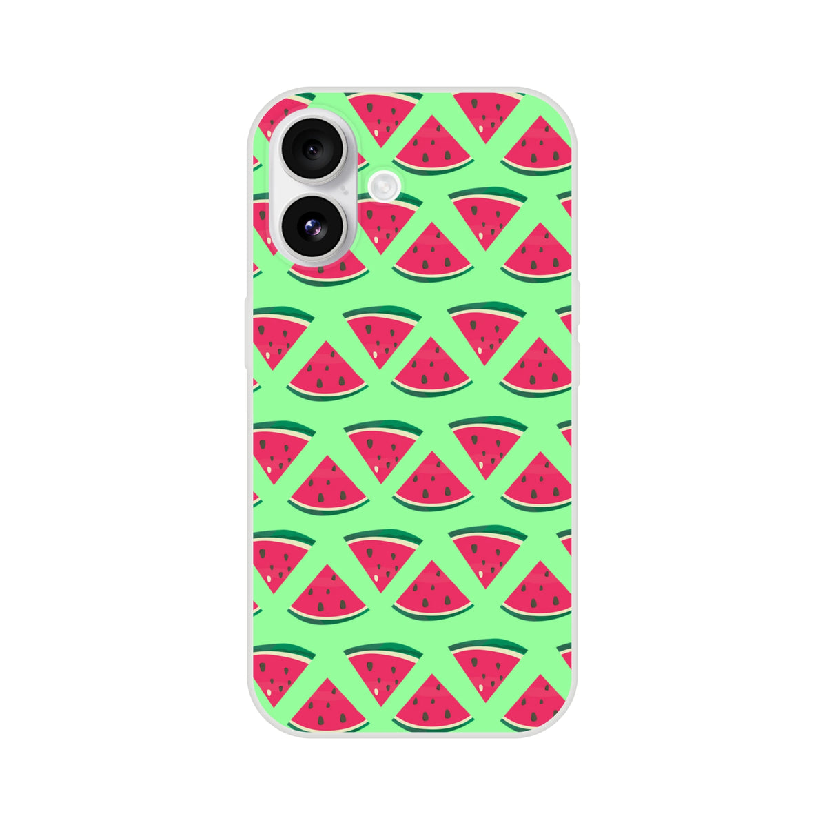 Cute summer watermelon slice pattern phone case on mint green background. Slim matte protective cover for iPhone 13-16 with shock-absorbing TPU.
