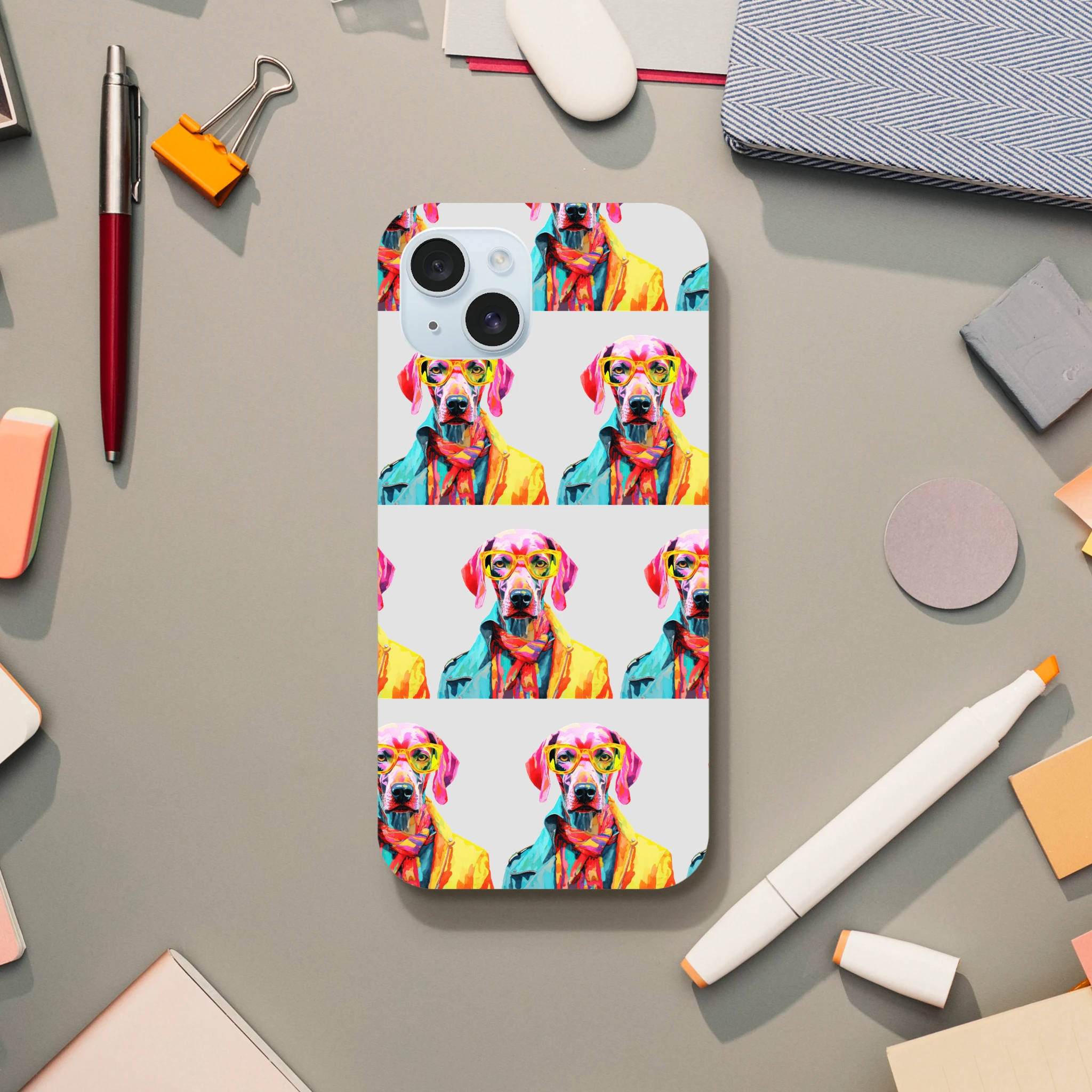 Colorful dog-print tough protective iPhone case for iPhone 16-13 with wraparound back and sides.