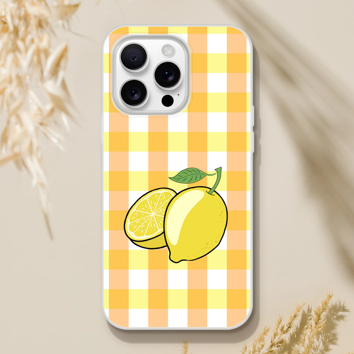 Cute Lemon Gingham iPhone Case for iPhone 13-16, yellow gingham with lemon illustration.