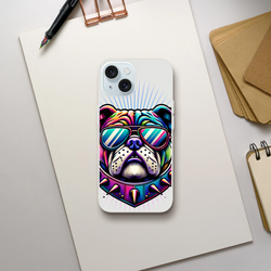 Bulldog artwork on a transparent slim iPhone case for iPhone 13–16 with rainbow sunglasses.