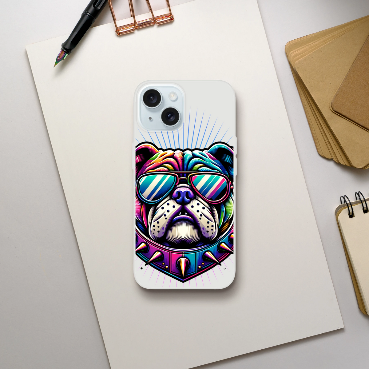 Bulldog artwork on a transparent slim iPhone case for iPhone 13–16 with rainbow sunglasses.