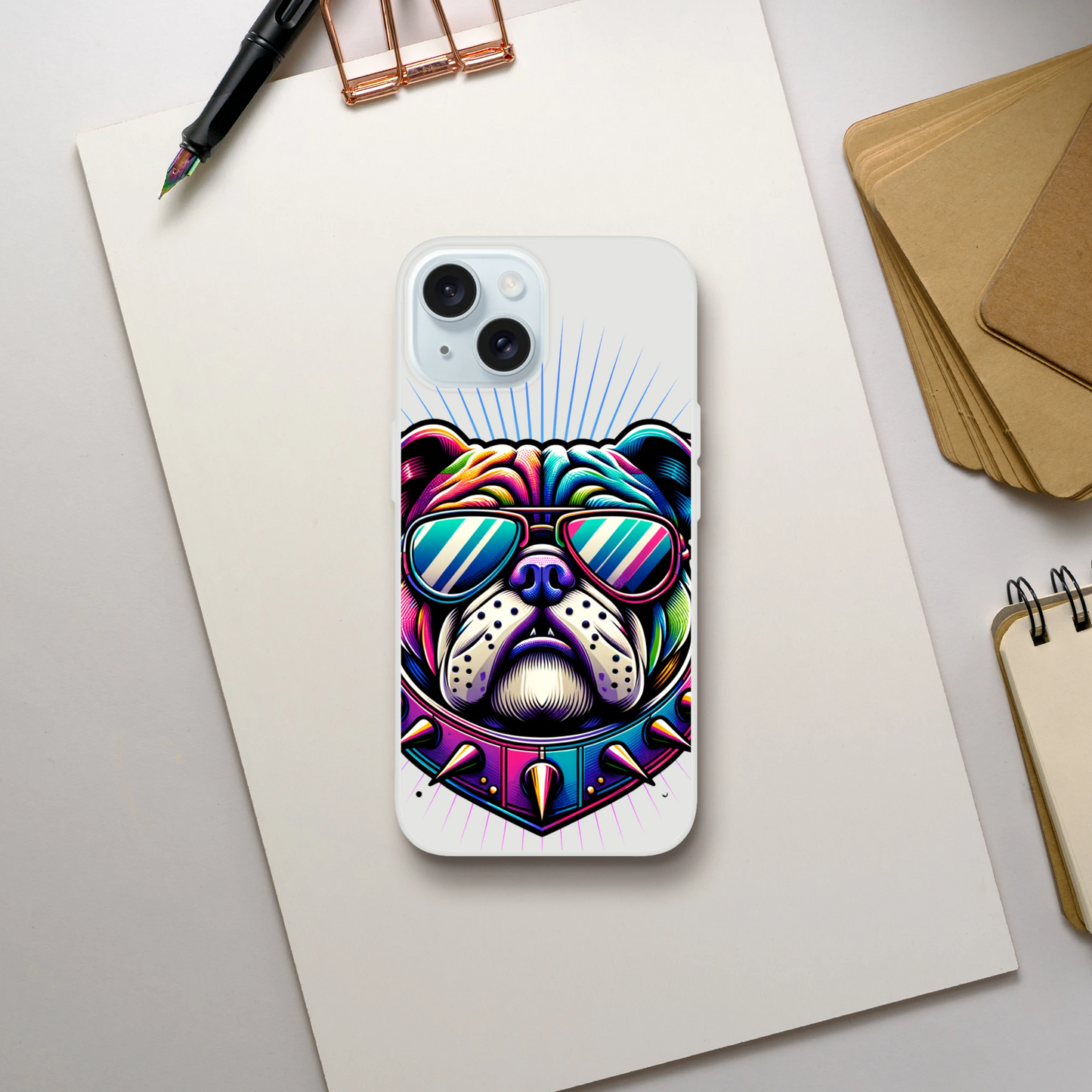 Bulldog artwork on a transparent slim iPhone case for iPhone 13–16 with rainbow sunglasses.