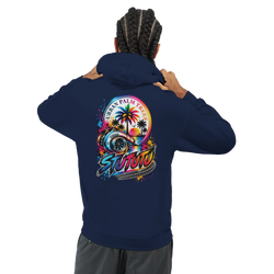 Navy blue Turbo Petrolhead hoodie featuring a colorful back graphic with a turbocharger, palm trees, and urban car culture art.