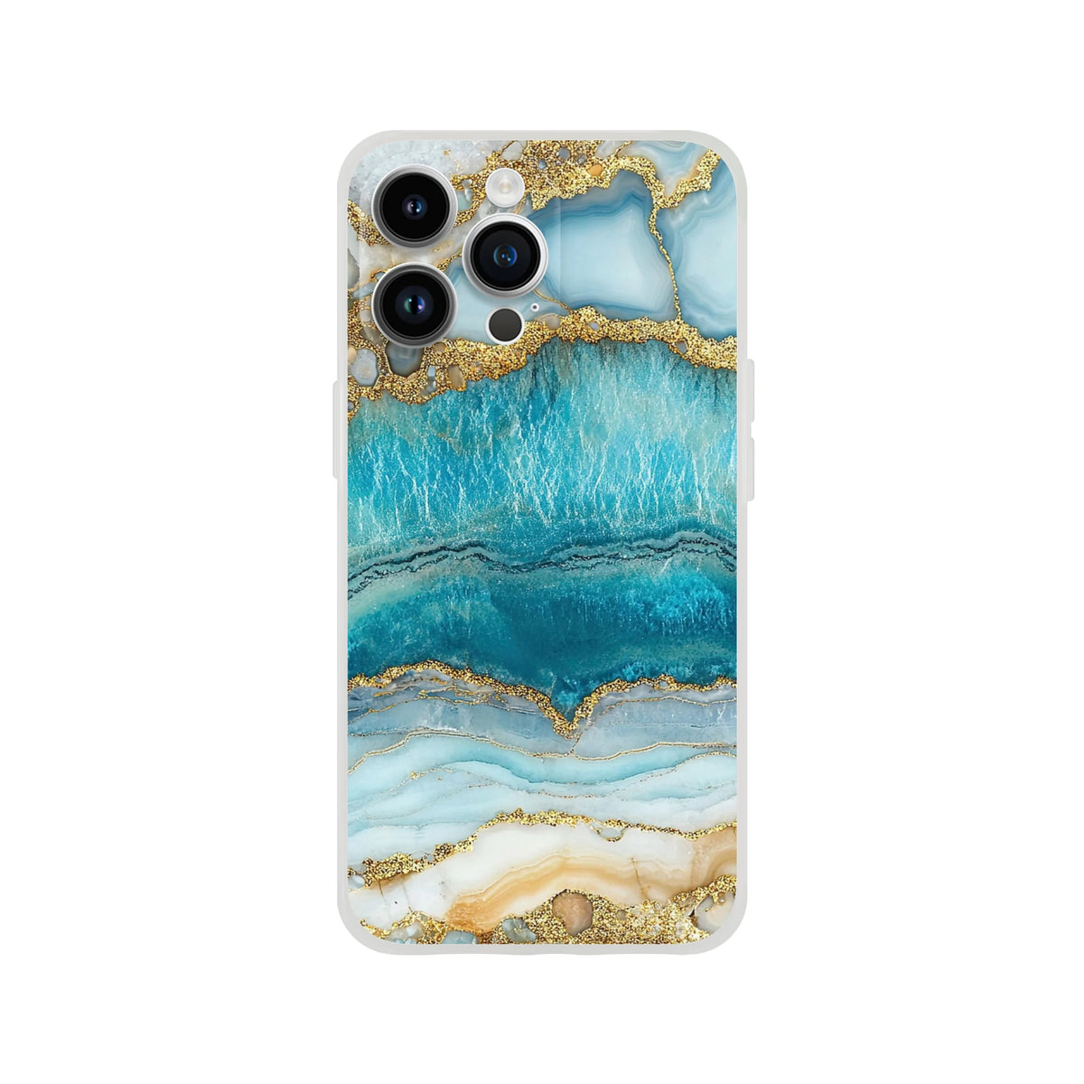 Blue and gold marble iPhone case (13-16) with ocean agate pattern, slim profile, shock protection.