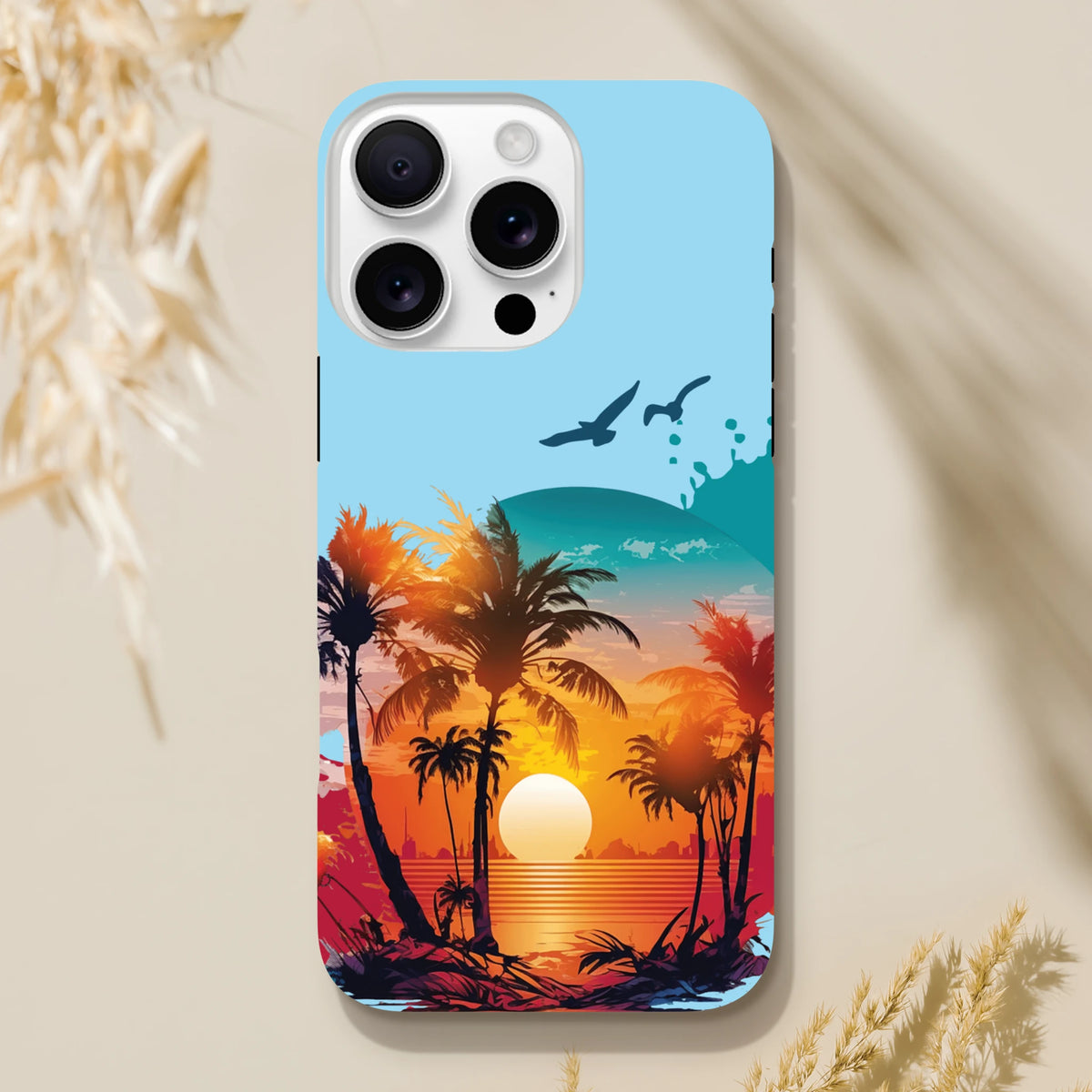 Tropical sunset palm tree iPhone case featuring vibrant beach sunset artwork, flying birds, and durable drop-resistant protection for coastal style.