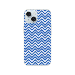 Blue wavy stripe retro geometric iPhone case featuring frosty transparent surf pattern and matte TPU protection for models 13-16.