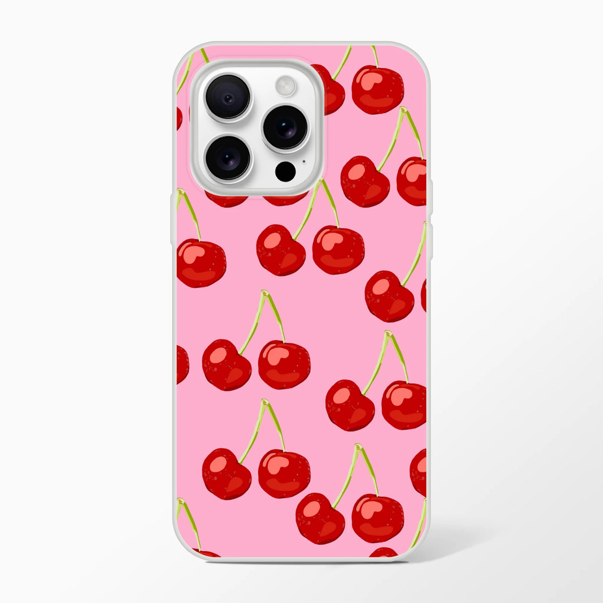 Cute Cherry iPhone Case (13-16), pink coquette aesthetic with cherry pattern, slim matte shell, shockproof protection.