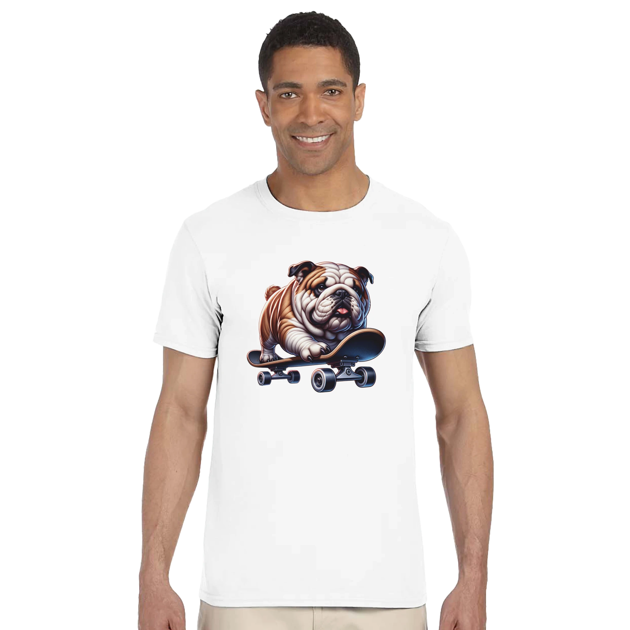 White men's T-shirt with a skateboarding bulldog graphic on the front.