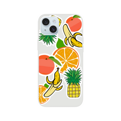 Transparent iPhone case featuring bold sticker-style graphics of oranges, peeled bananas, pineapples, and peaches.